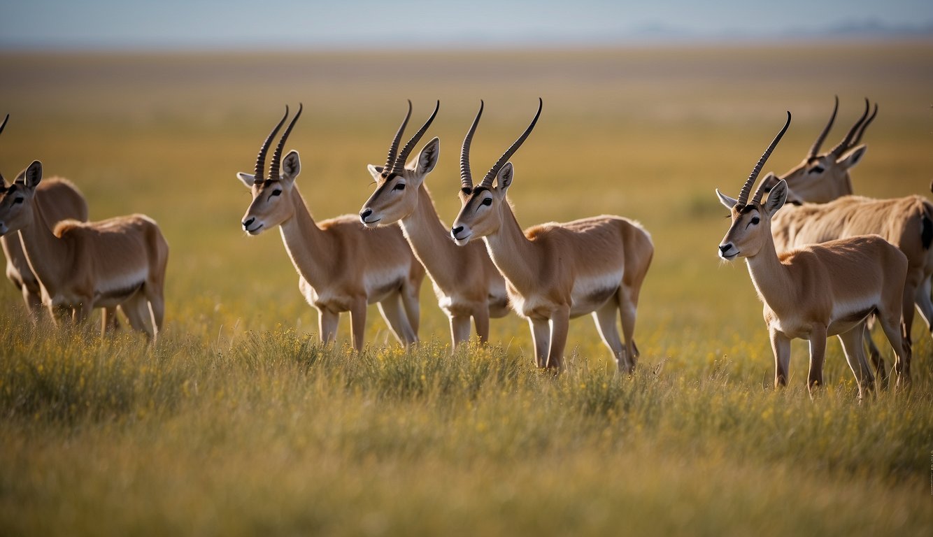A herd of saiga antelopes roam the vast steppe, their distinctive large noses and curved horns visible as they graze on the grassy plains.

The open landscape stretches out in all directions, with a few scattered bushes and the occasional bird