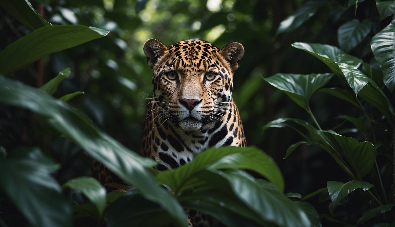 A sleek jaguar prowls through dense Amazon foliage, its spotted coat blending seamlessly with the shadows.

It moves with silent grace, its piercing eyes focused on its prey
