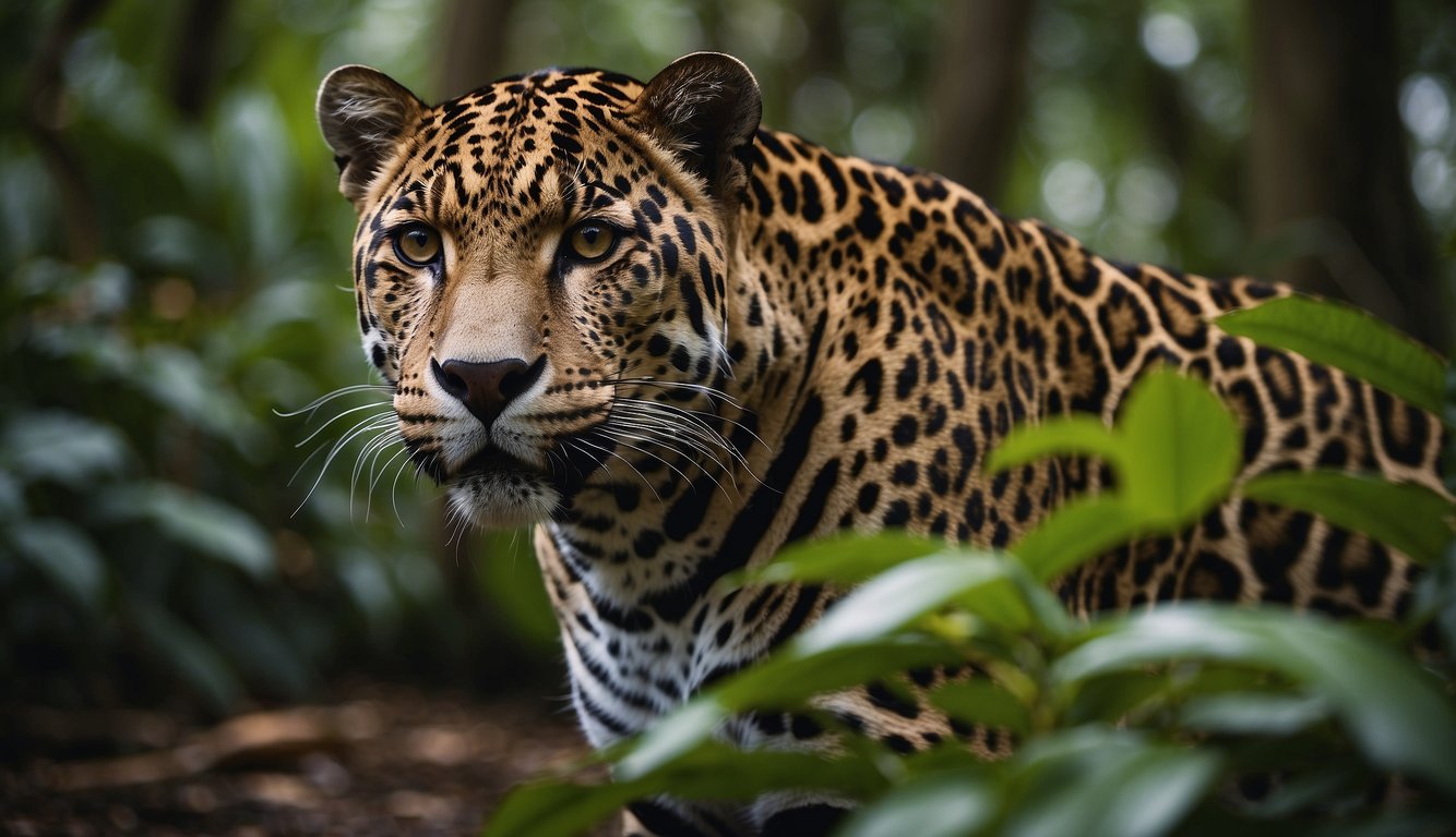A sleek jaguar prowls through dense Amazon foliage, its golden eyes gleaming with predatory focus as it moves with effortless stealth