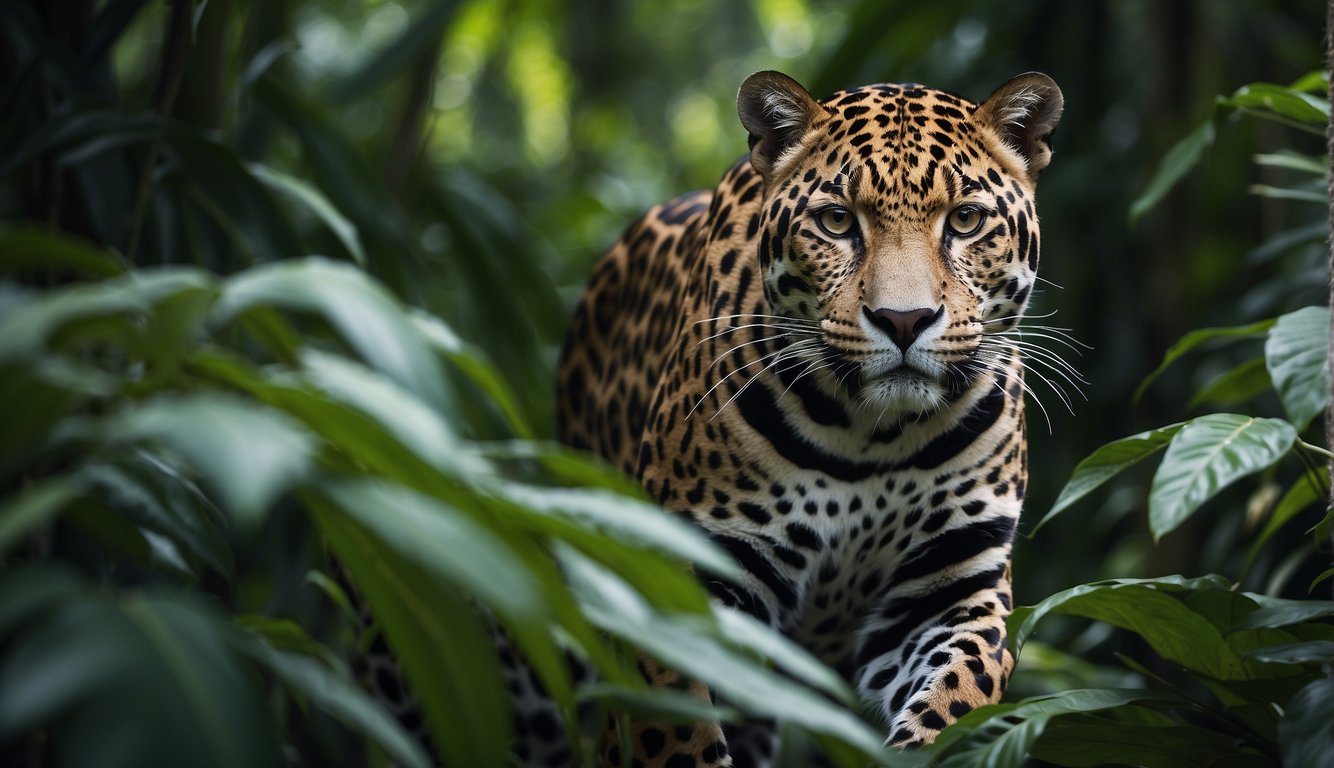 A sleek jaguar prowls through dense Amazon foliage, blending seamlessly with its surroundings.

The majestic cat exudes an aura of stealth and power, symbolizing the importance of conservation for the future of its species