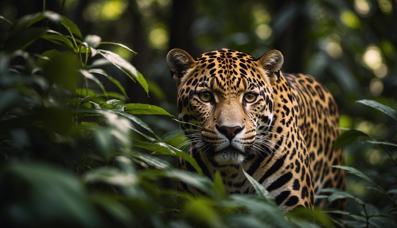 A sleek jaguar prowls through dense Amazon foliage, its golden coat blending seamlessly with the dappled sunlight filtering through the canopy.

The powerful predator moves with silent grace, a true master of stealth