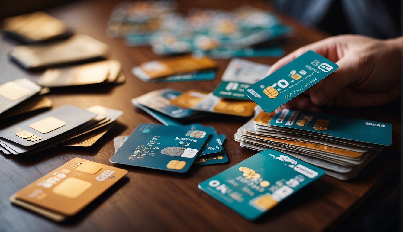 A pile of cashback rewards cards scattered on a table, with a happy customer receiving money back on their purchases