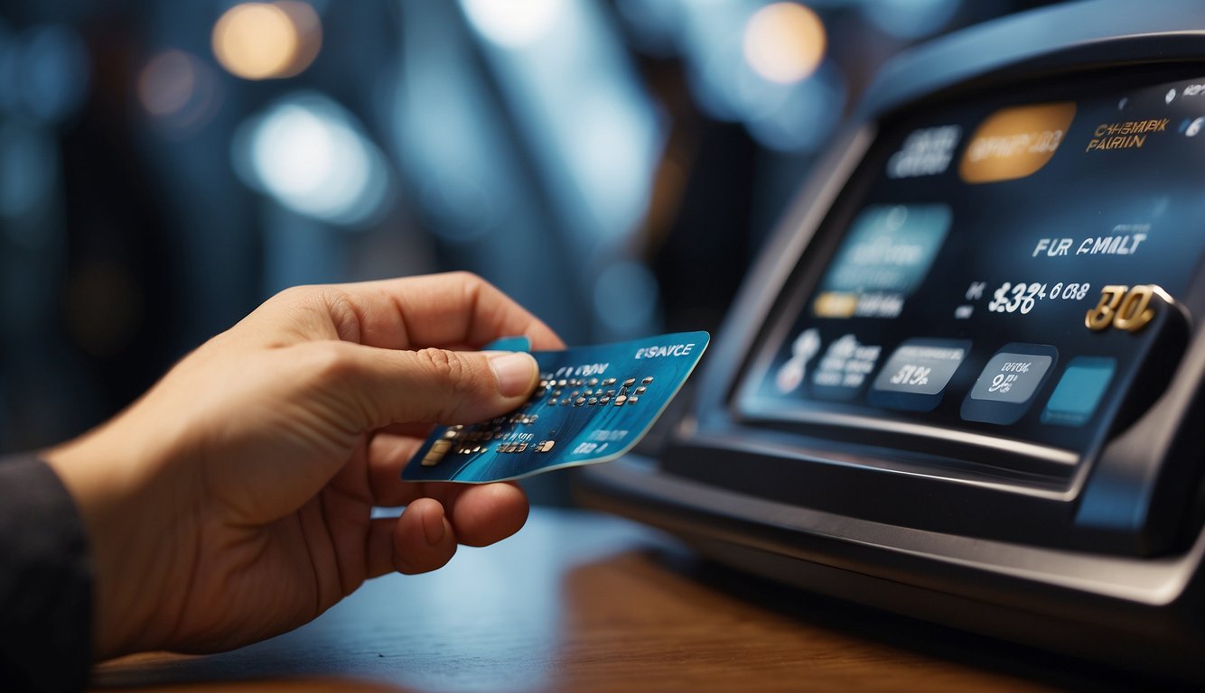 A hand swiping a credit card with a cashback offer, while a digital screen displays earnings management options