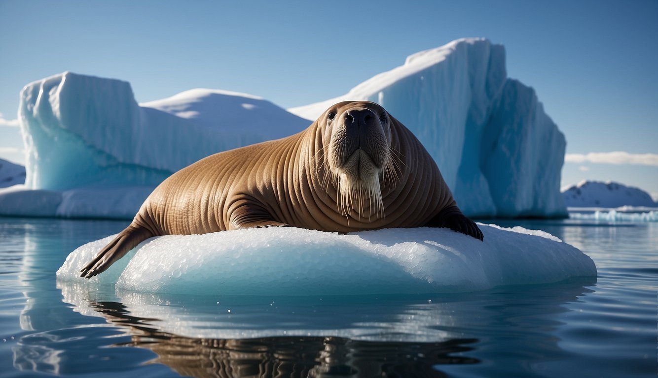 A massive walrus floats on an iceberg, surrounded by icy waters.

Its whiskers glisten in the sunlight, creating a striking contrast against the cold, blue backdrop