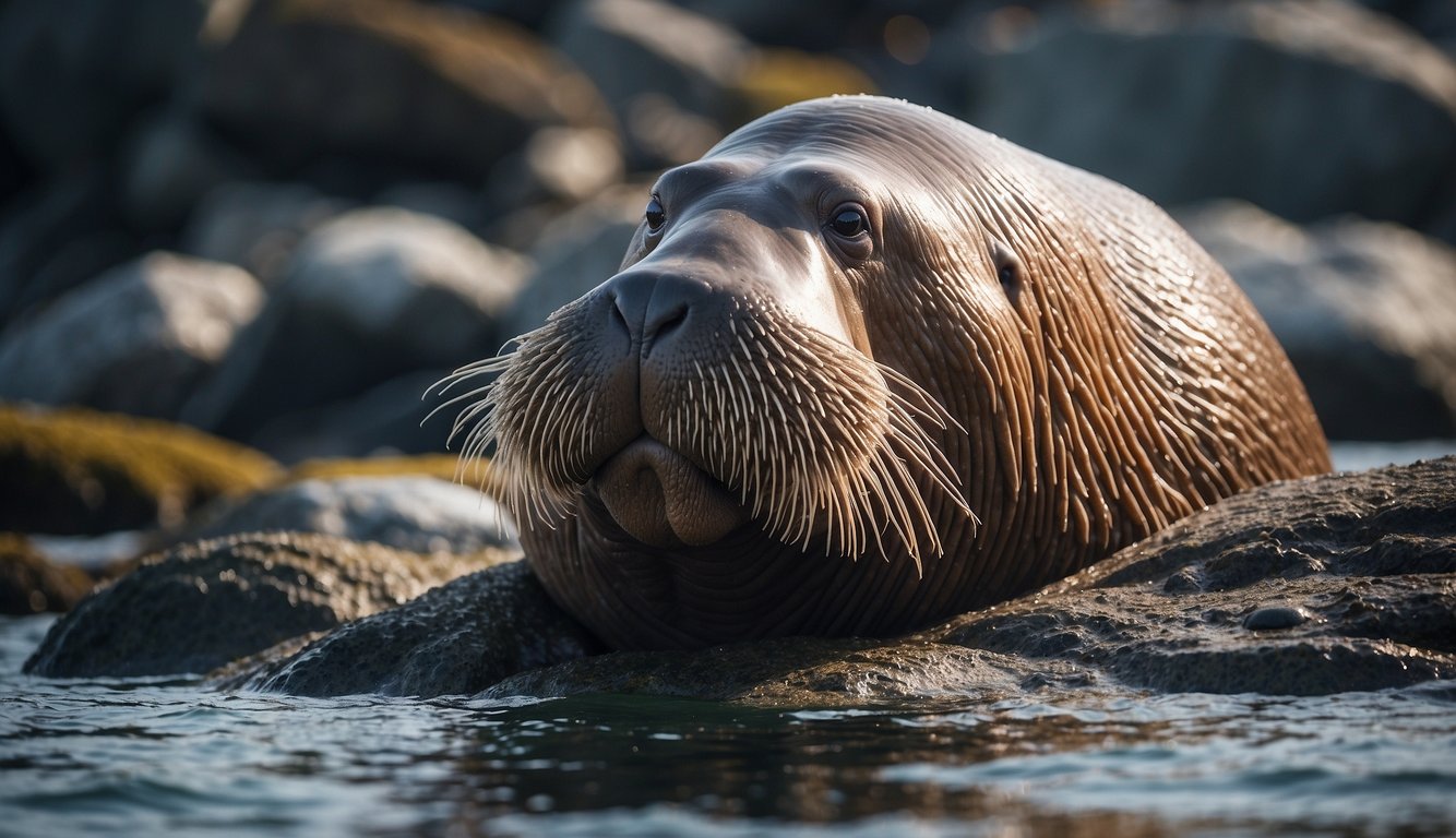 A massive walrus lounges on a rocky shore, its whiskers glistening with water droplets from the icy ocean.

The creature exudes power and majesty in its natural habitat