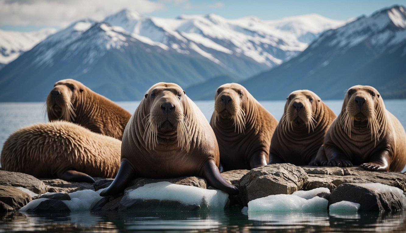 A group of walruses lounging on a rocky, icy shoreline, with a backdrop of icy waters and snow-capped mountains.

They are interacting with each other, using their whiskers to feel and communicate