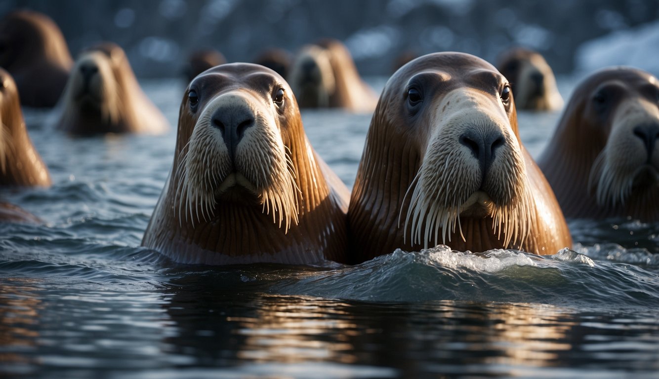 A pod of massive walruses swims gracefully through the frigid Arctic waters, their long whiskers trailing behind them like flowing ribbons
