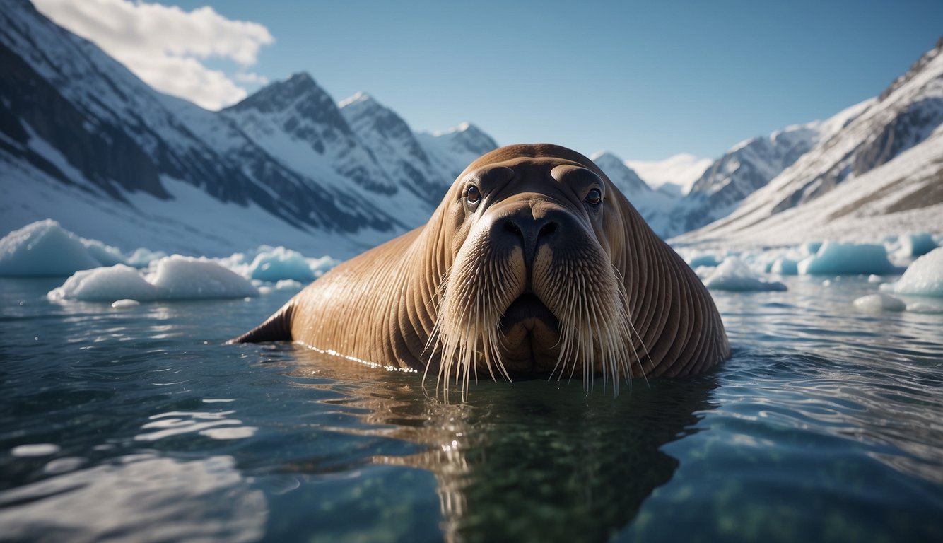 A massive walrus with long whiskers swims through icy waters, surrounded by floating chunks of ice and snow-capped mountains in the distance