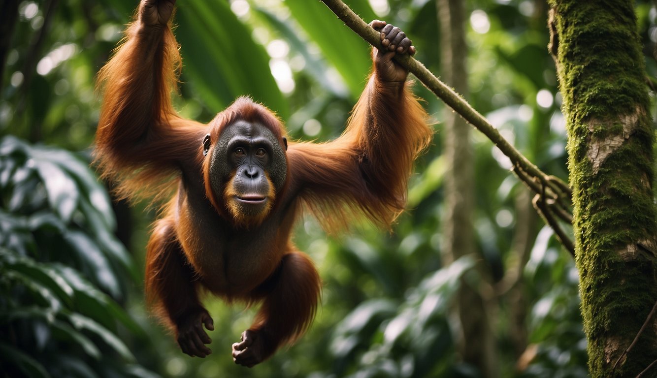 An orangutan swings effortlessly through the lush rainforest canopy, its intelligent eyes surveying the vibrant surroundings with a sense of curiosity and wisdom