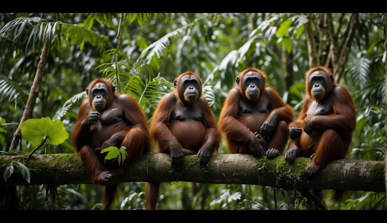 Orangutans gather in the lush canopy, displaying intricate social structures.

They communicate and interact with remarkable intelligence, showcasing their genius in the rainforest