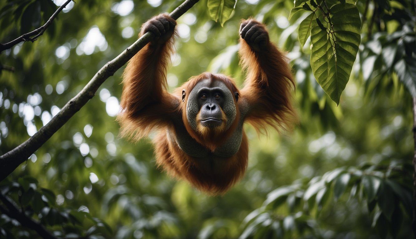 An orangutan swings through the forest canopy, reaching for ripe fruit and tender leaves.

Its keen eyes scan the treetops for the next meal, showcasing the remarkable intelligence of these rainforest geniuses