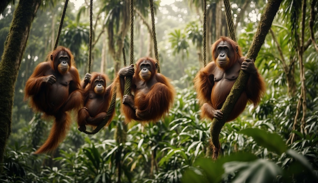 An orangutan family swings through the lush rainforest, foraging for food and building nests high in the trees, while conservationists work to protect their natural habitat