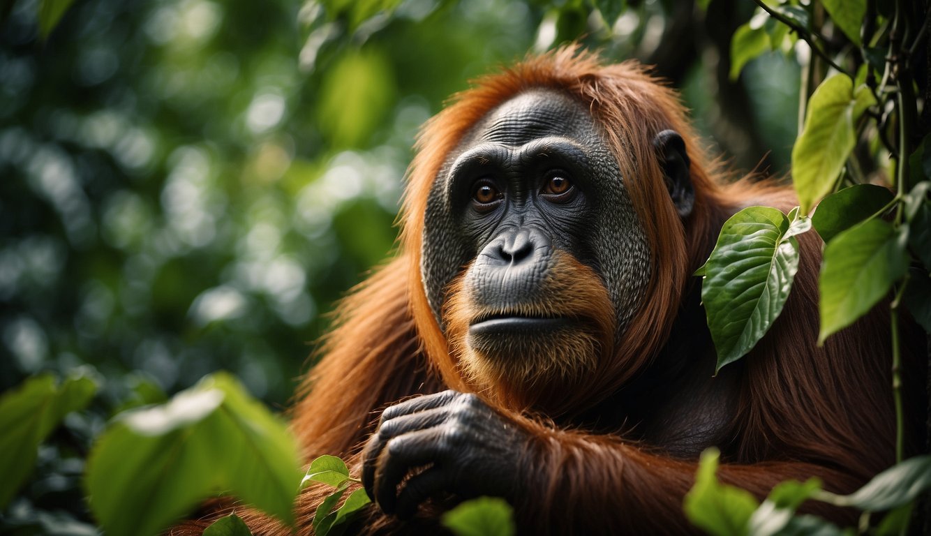 An orangutan sits in a lush rainforest, surrounded by vibrant green foliage and hanging vines.

It holds a piece of fruit in its hand, looking contemplative and intelligent