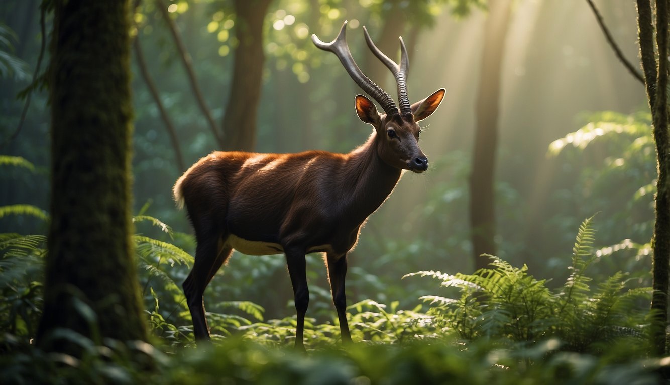 A lush, misty forest with towering trees and dense undergrowth.

A rare saola grazes peacefully in a sunlit clearing, surrounded by exotic flora and fauna