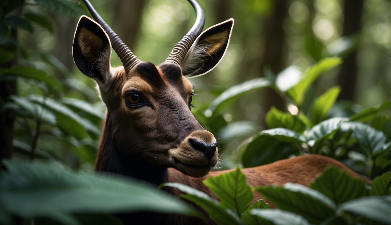 A saola emerges from the dense foliage, its elegant horns and graceful form catching the dappled sunlight in the lush forest