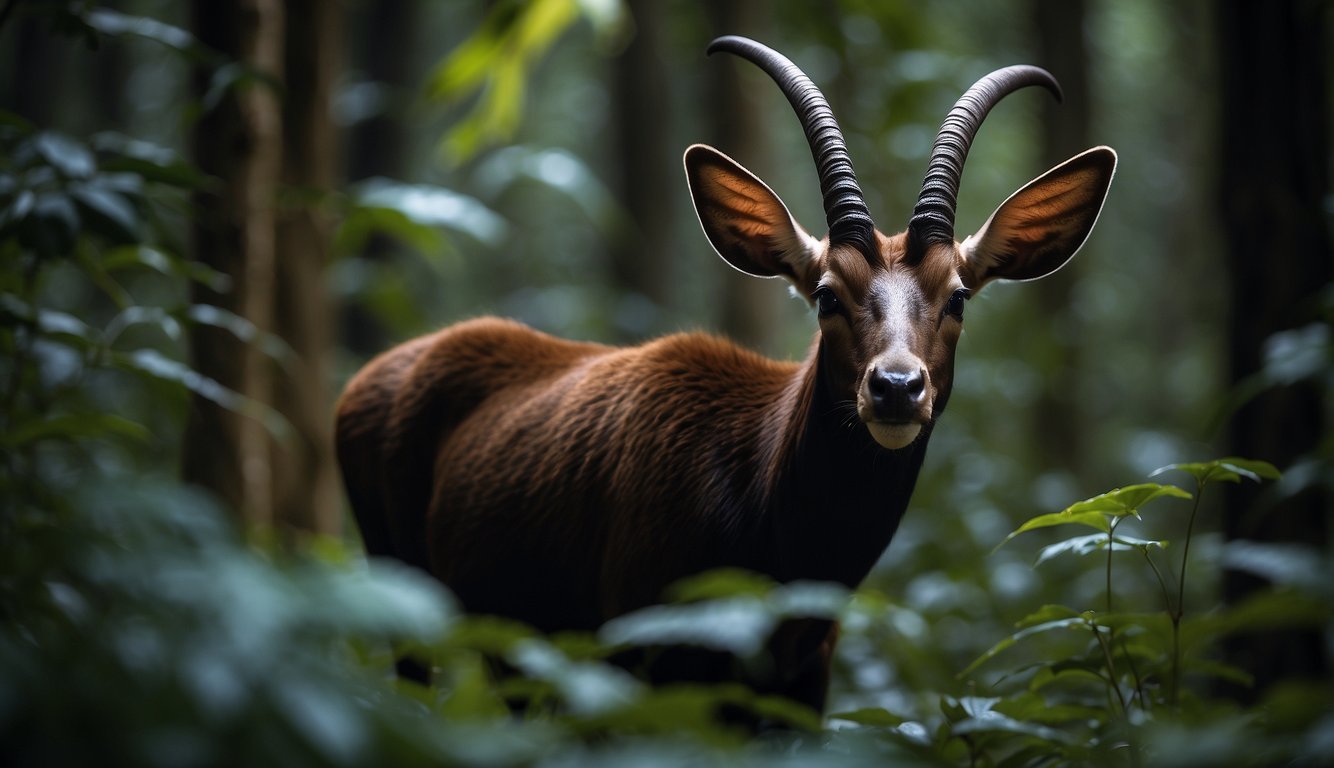 In a dense forest, a solitary saola cautiously emerges from the shadows, its delicate features and elegant horns shrouded in mystery