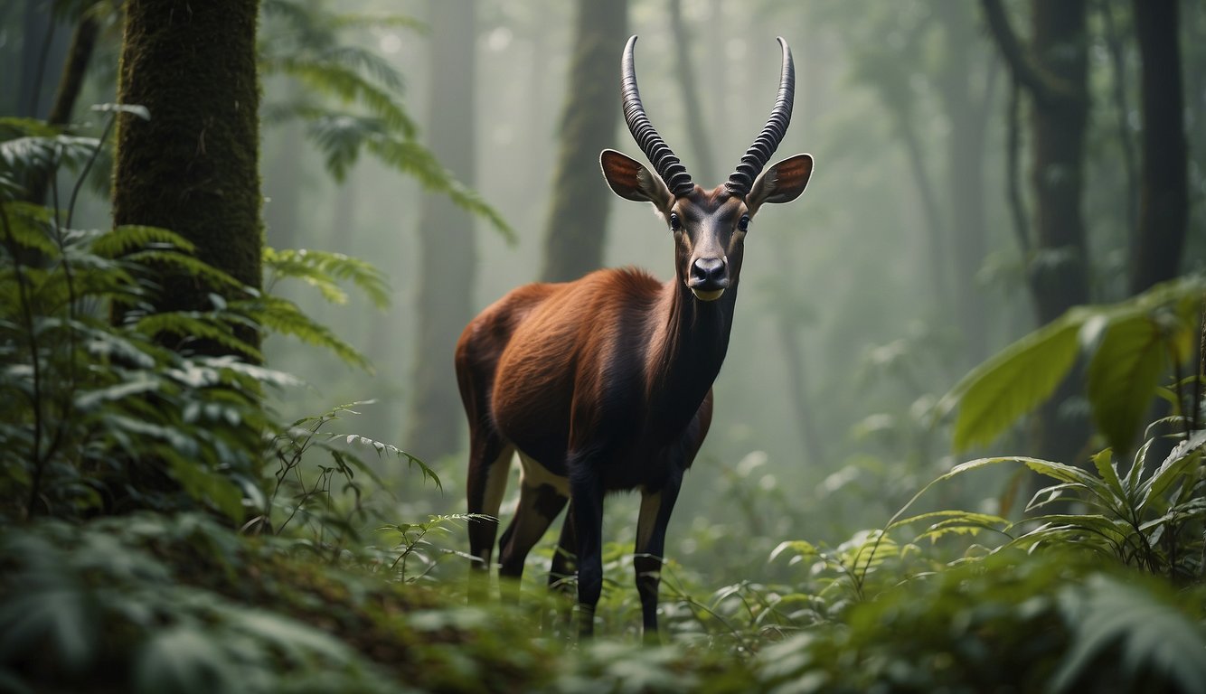 A saola grazes peacefully in a lush, misty forest clearing, surrounded by vibrant flora and the sounds of exotic birds