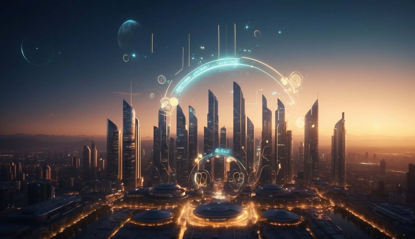 A futuristic city skyline with glowing cashback symbols rising above the buildings