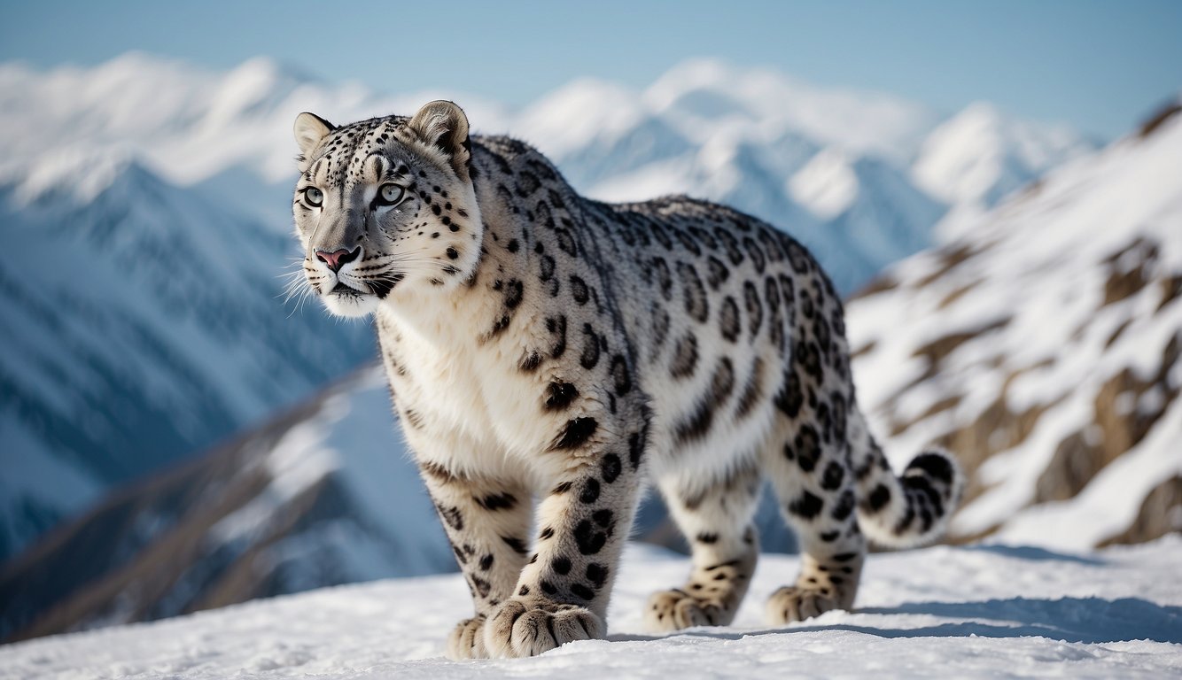 A majestic snow leopard prowls through a snowy mountain landscape, its sleek fur blending seamlessly with the pristine white surroundings.

Its piercing gaze and powerful stance exude an aura of dominance and mystery