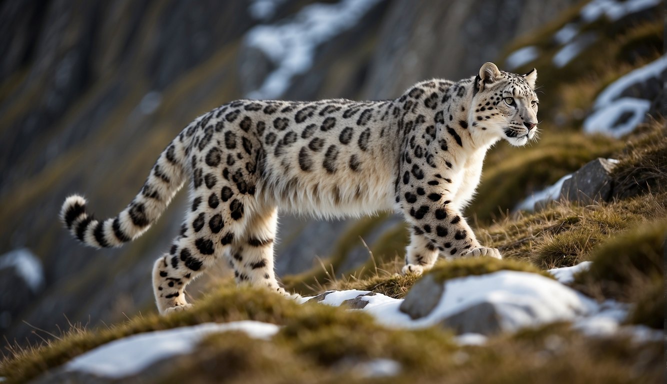 A snow leopard prowls through a rocky mountainous terrain, blending seamlessly with its surroundings.

Its powerful and agile body moves gracefully as it searches for prey in its natural habitat