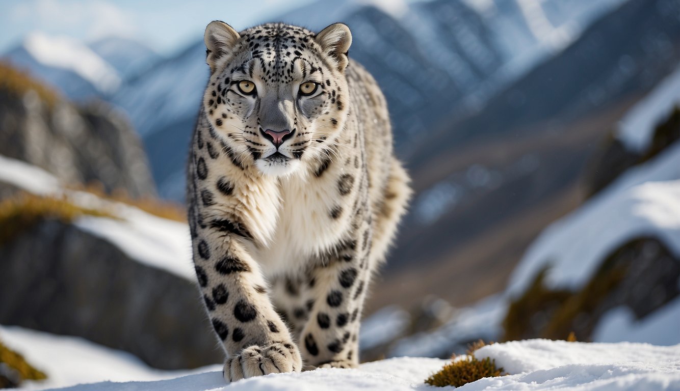 A snow leopard prowls through a rocky, snow-covered landscape, its sleek, spotted fur blending in with the surrounding terrain.

Its piercing yellow eyes scan the area, alert and watchful