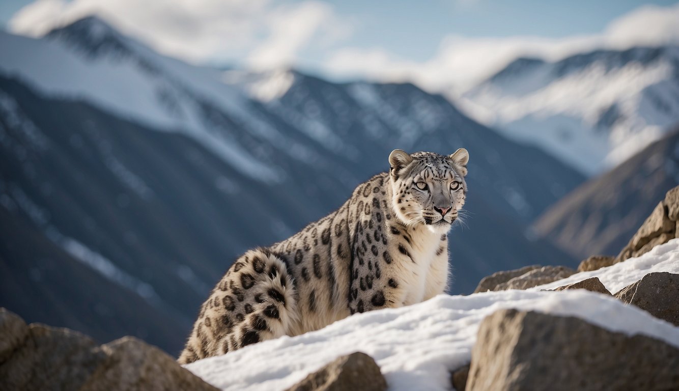 A snow leopard prowls through a rocky, snow-covered mountain landscape.

Its fur blends seamlessly with the surroundings as it surveys its territory with keen, amber eyes