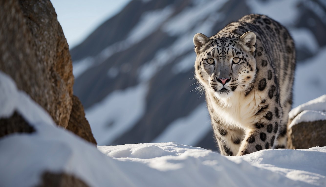 A snow leopard prowls through a rocky, snow-covered mountain landscape, its powerful muscles rippling beneath its thick fur as it surveys its domain with piercing golden eyes