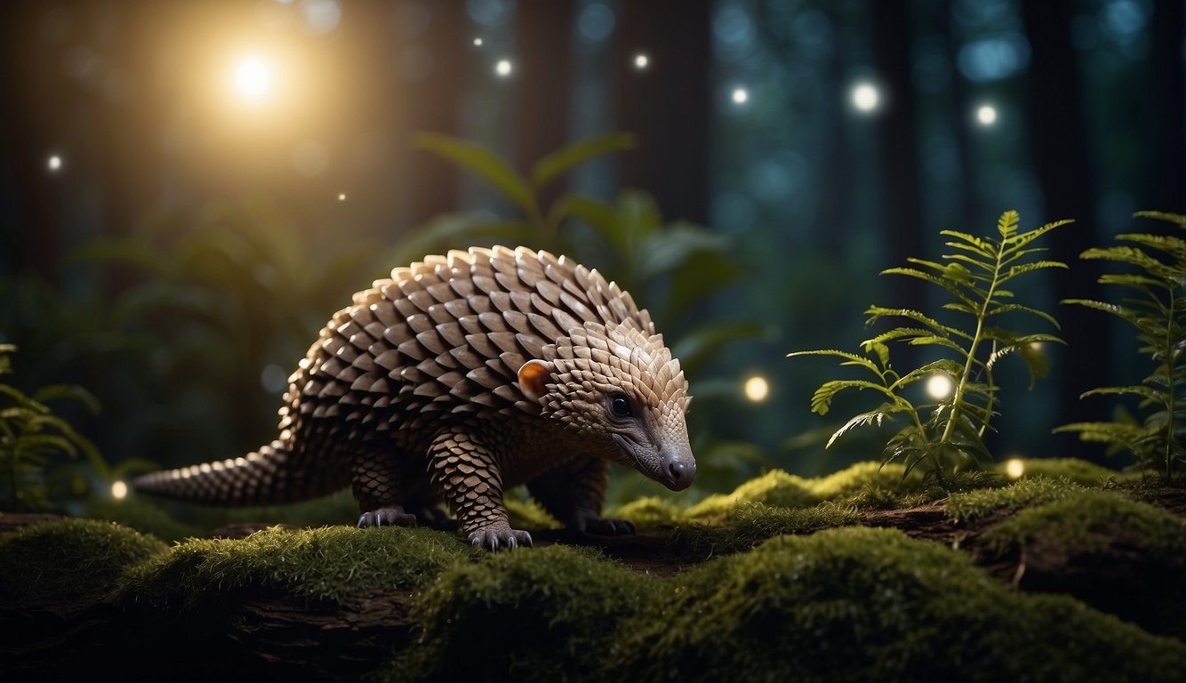 A pangolin wanders through a moonlit forest, its scales shimmering with an otherworldly glow.

It curls into a protective ball, a mysterious and enigmatic creature of the night