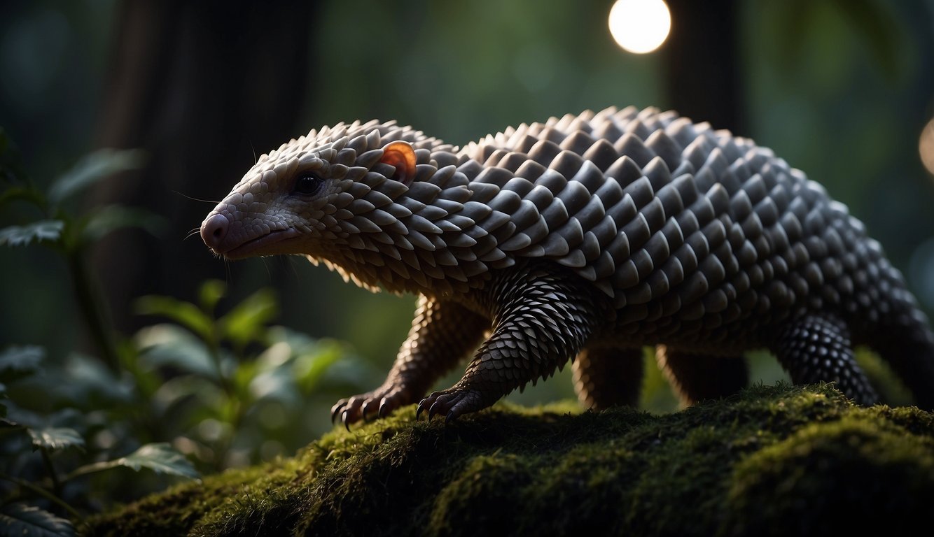 A pangolin stands in a moonlit forest, its scales glistening in the dim light.

The creature appears both mysterious and enchanting, as it moves gracefully through the underbrush