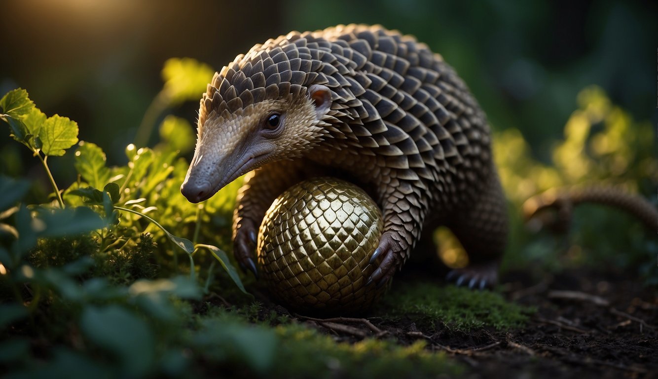 A pangolin curls into a ball, its scales glinting in the moonlight.

It cautiously sniffs the air, wary of potential threats.

Surrounding it, lush green foliage and diverse wildlife illustrate the importance of conservation efforts