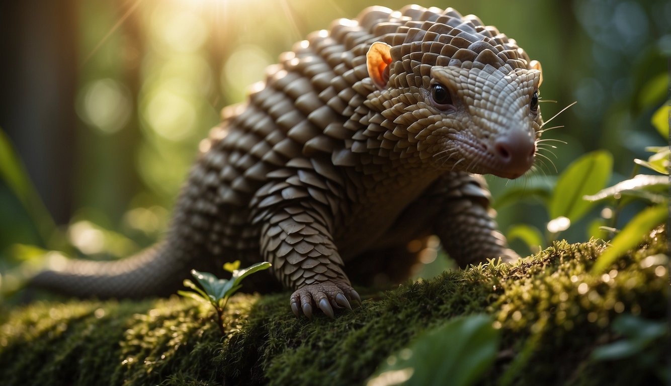A pangolin scurries through a lush forest, its unique scales glistening in the sunlight as it searches for ants and termites