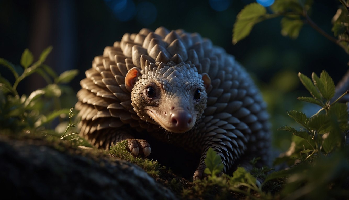 A pangolin curls up, its scales gleaming in the moonlight.

It sniffs the air, searching for ants to eat. The night is alive with the sounds of the forest