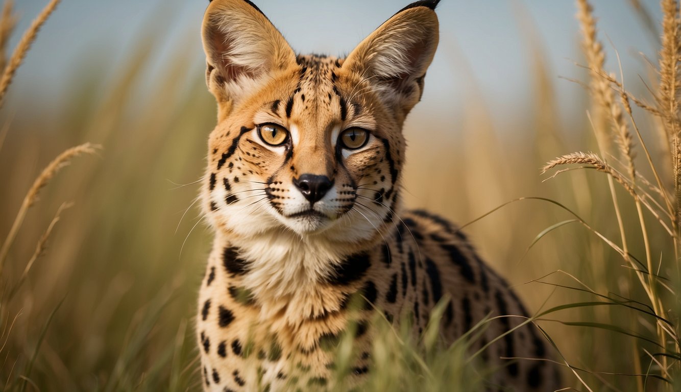 A serval leaps through the savanna grass, muscles coiled and eyes fixed on its prey.

Its spotted fur blends into the golden landscape as it moves with effortless grace