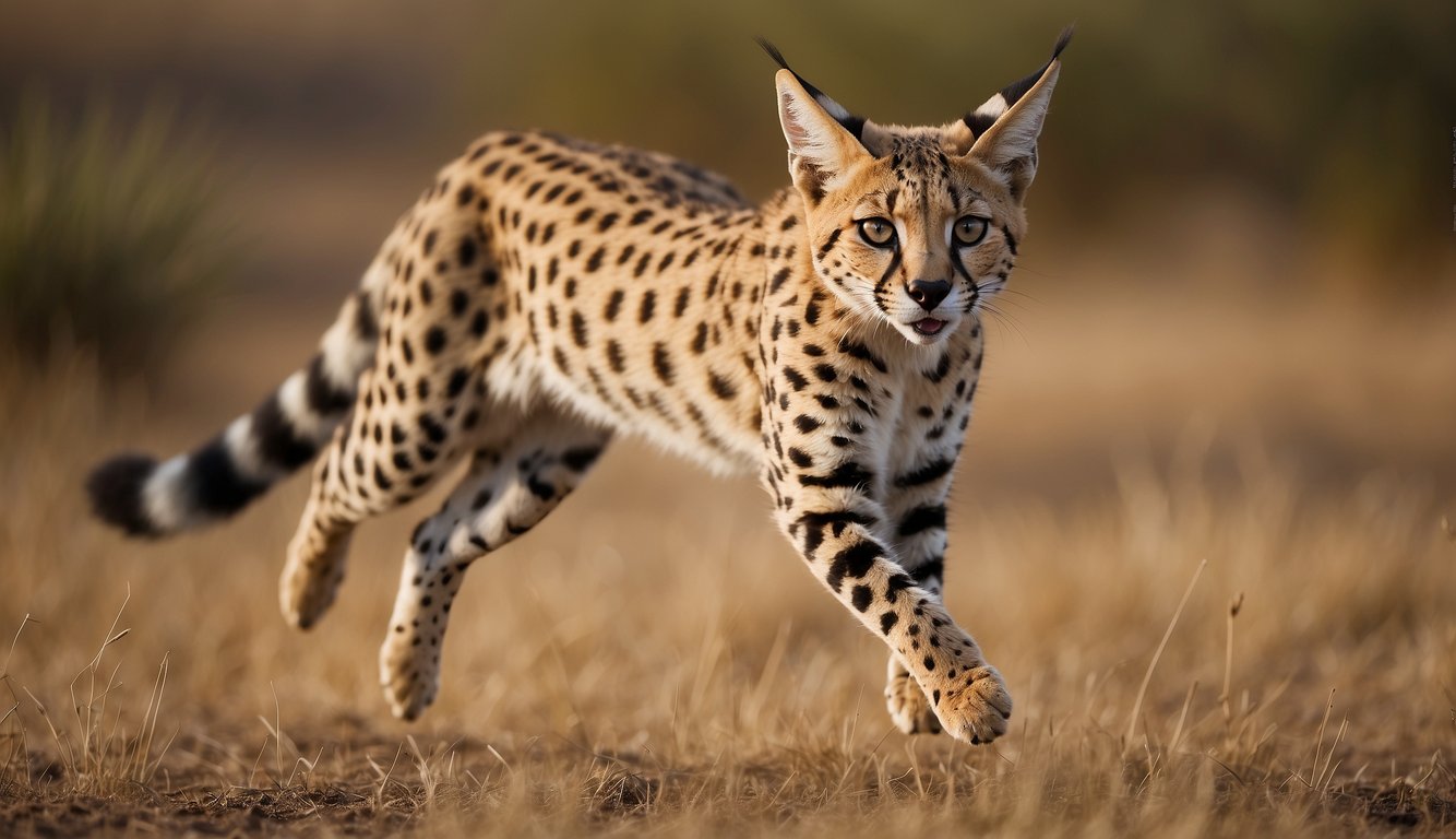 A swift serval leaps through the savanna, its sleek body poised for action, long legs propelling it through the air with grace and power