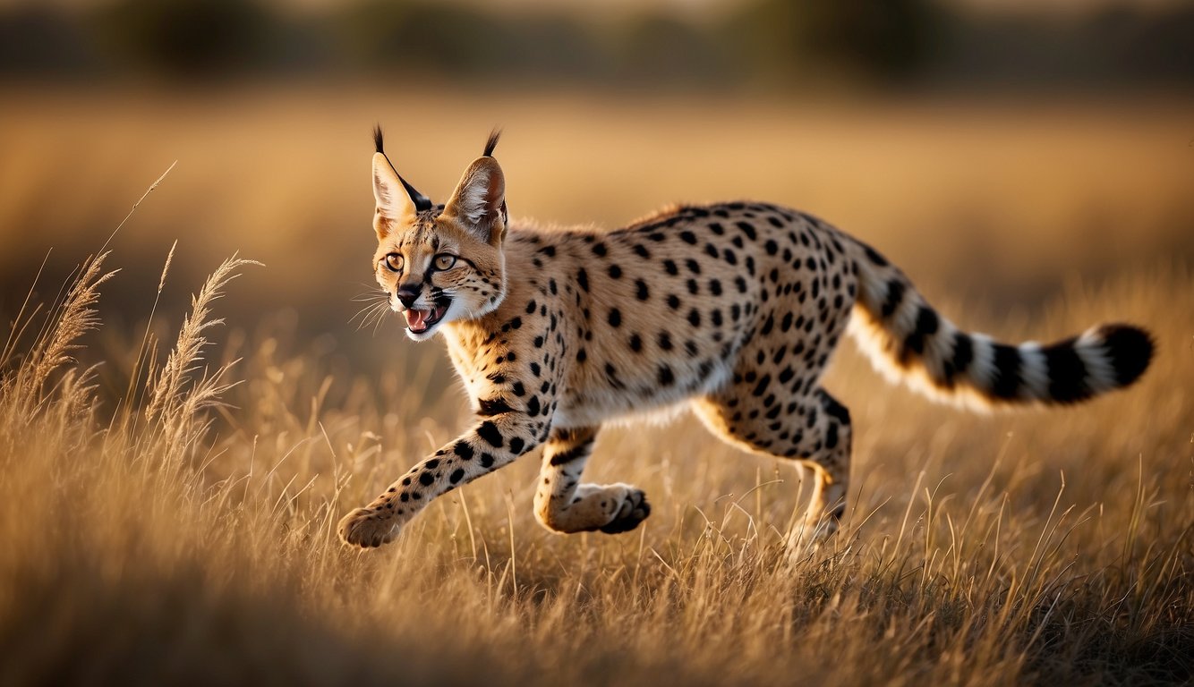 A swift serval leaps across the savanna, its spotted fur blending with the golden grass.

It moves with grace and agility, showcasing its natural habitat