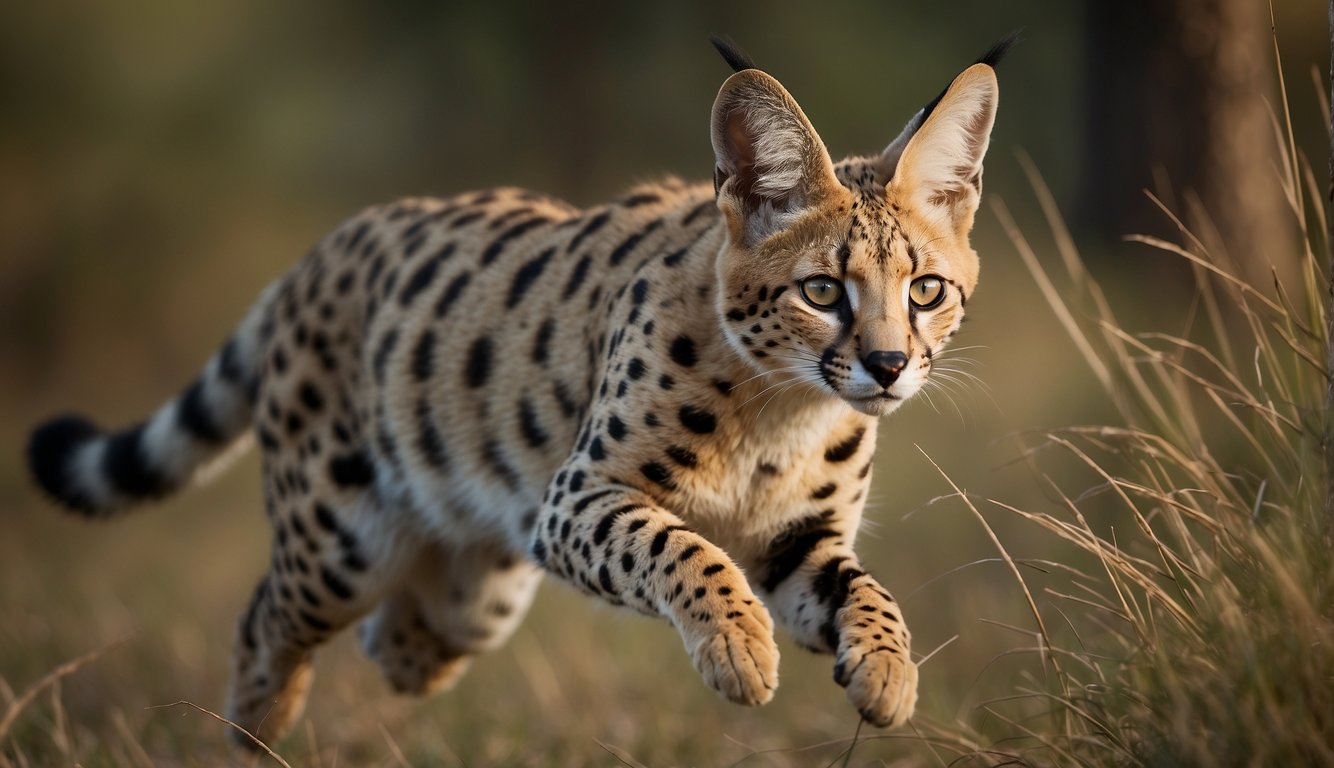 The swift serval leaps gracefully through the savanna, eyes focused on its prey.

Its sleek body and powerful legs propel it forward, ready to pounce with precision