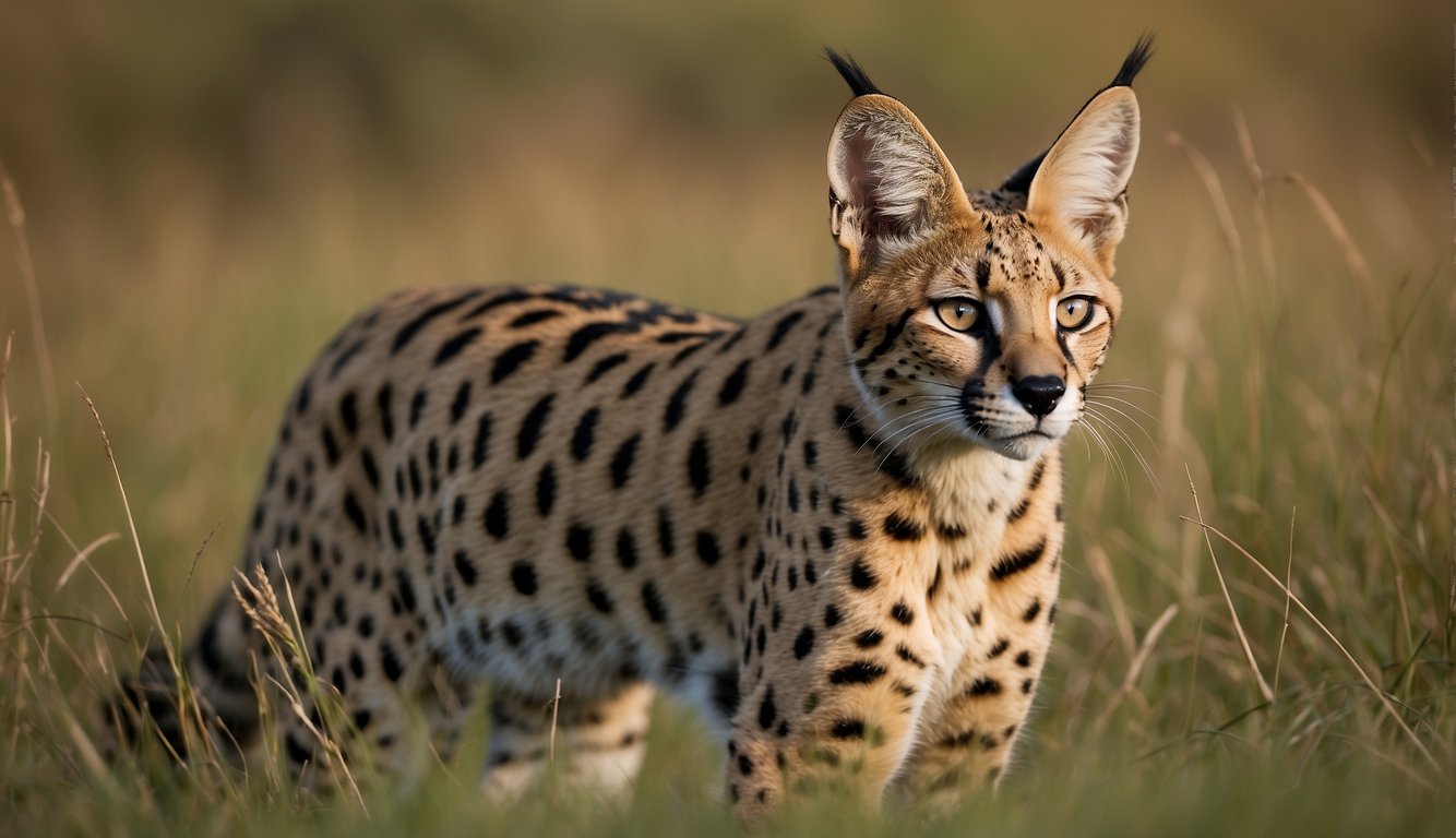 A serval leaps gracefully through the savanna, its sleek body and long legs propelling it through the tall grass.

Its keen eyes scan the surroundings, alert and ready to pounce on its prey