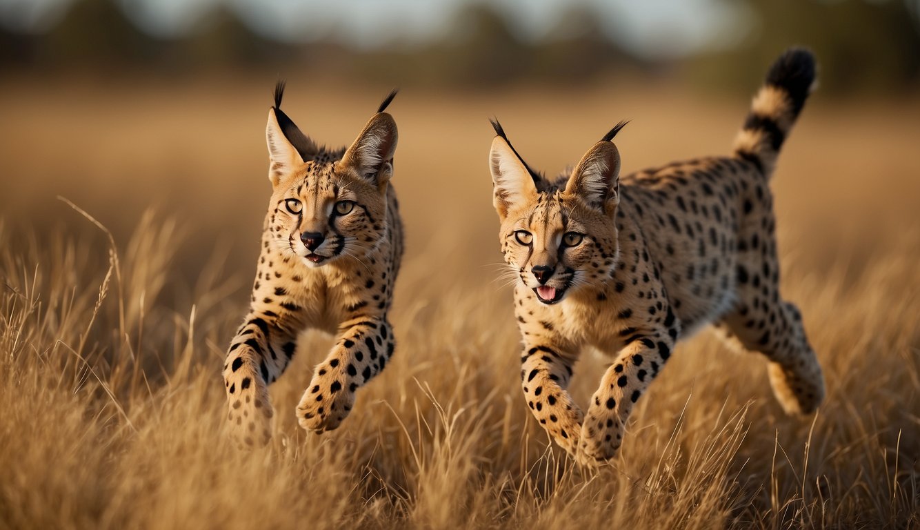 A swift serval leaps gracefully across the savanna, its spotted fur blending into the golden grass.

Its long legs propel it through the air, showcasing its agility and speed