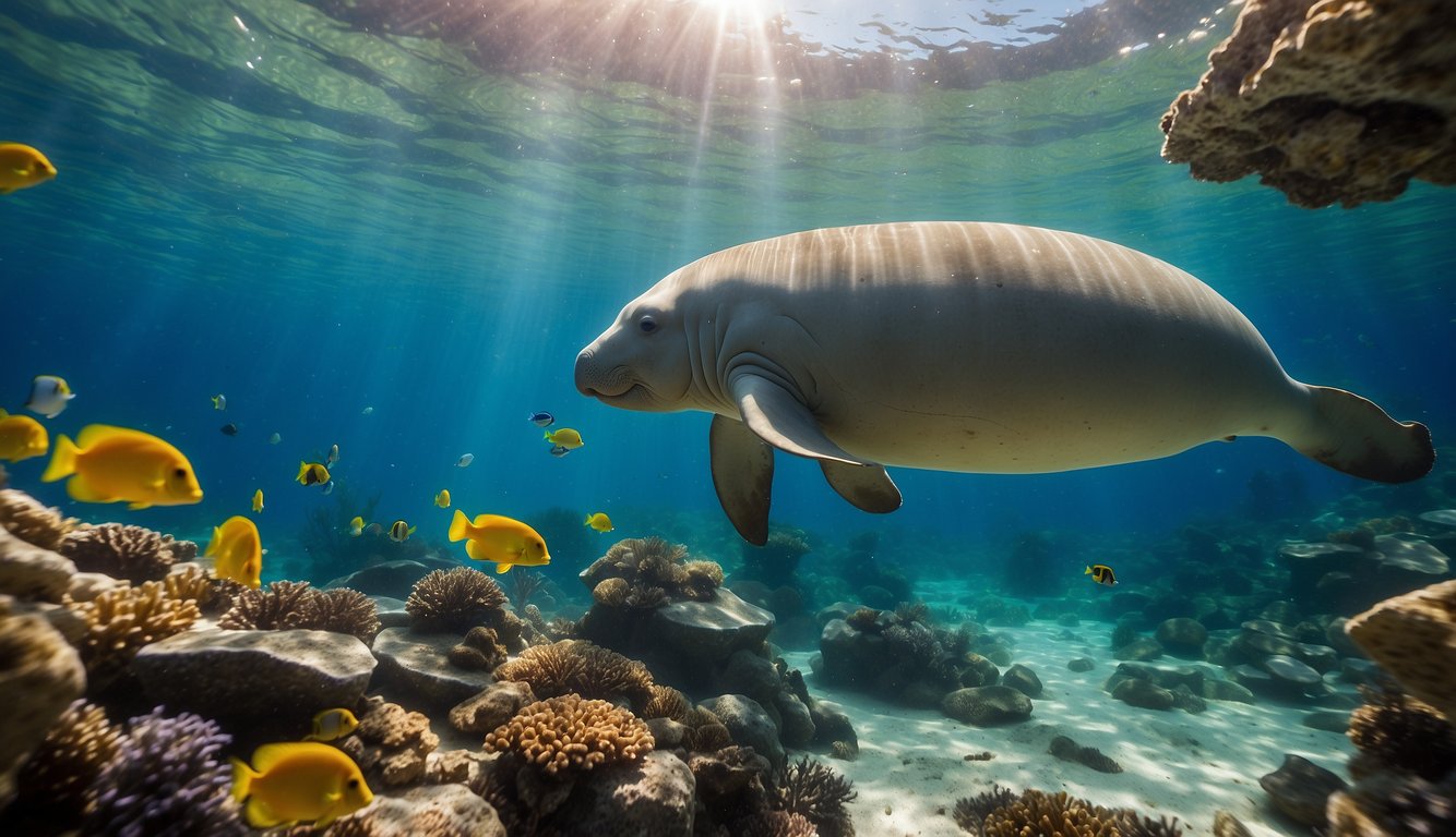 A dugong gracefully glides through crystal-clear waters, surrounded by colorful coral reefs and schools of tropical fish.

Sunlight filters through the surface, casting a warm glow on the peaceful scene