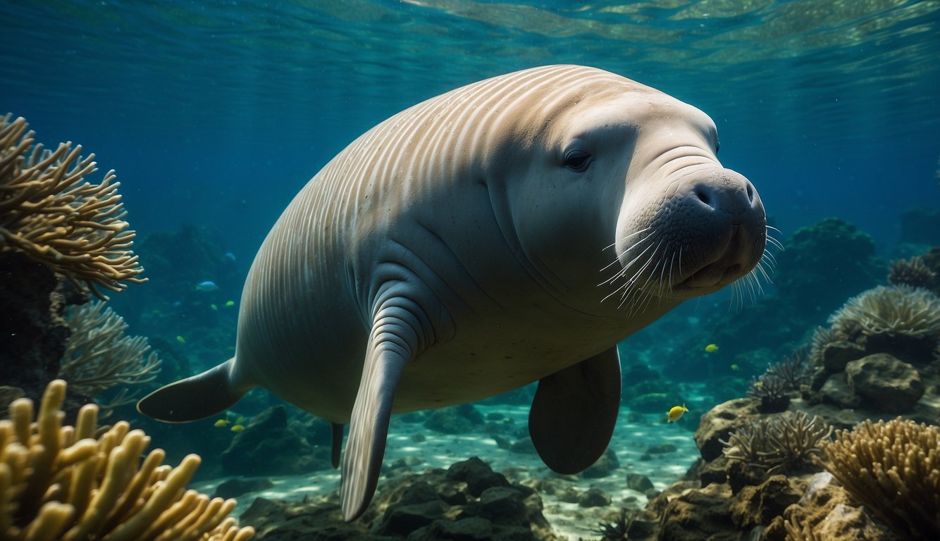 A dugong swims gracefully through a vibrant underwater landscape, surrounded by seagrass and other marine life, showcasing its unique anatomy and diet