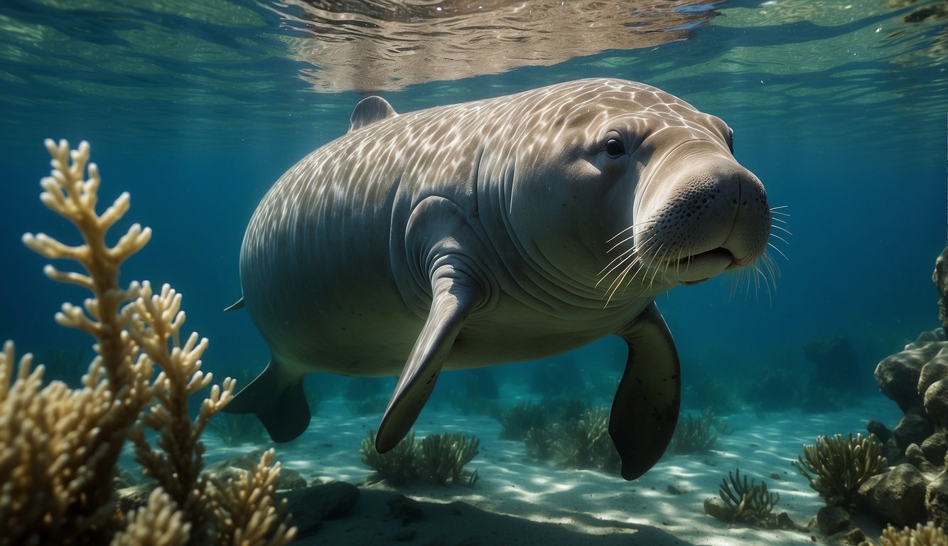 A dugong swims gracefully through the crystal-clear waters, surrounded by a small group of fellow sea cows.

They move slowly and peacefully, grazing on sea grasses and occasionally surfacing to breathe