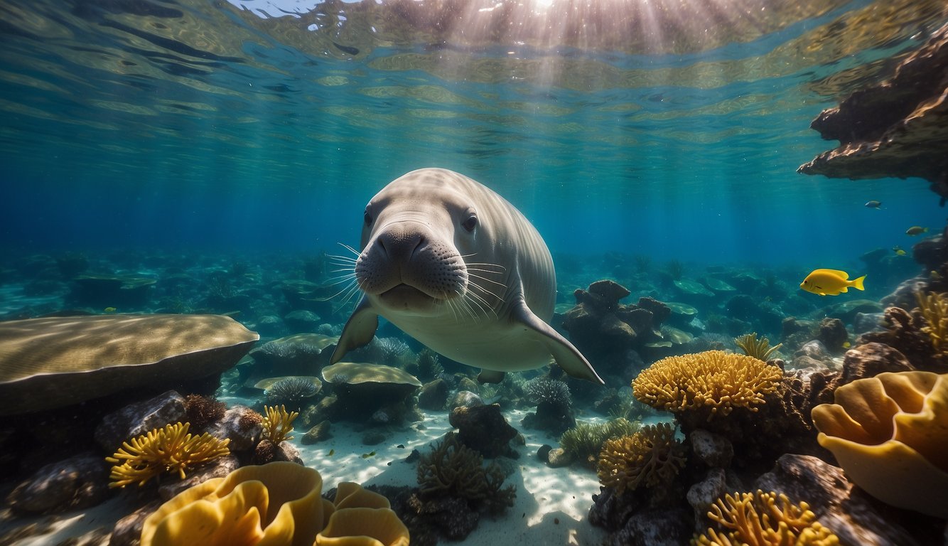 A dugong swims gracefully through the crystal-clear waters of a vibrant coral reef, surrounded by colorful fish and swaying sea grass.

The gentle sea cow peacefully grazes on the ocean floor, oblivious to the conservation challenges it faces