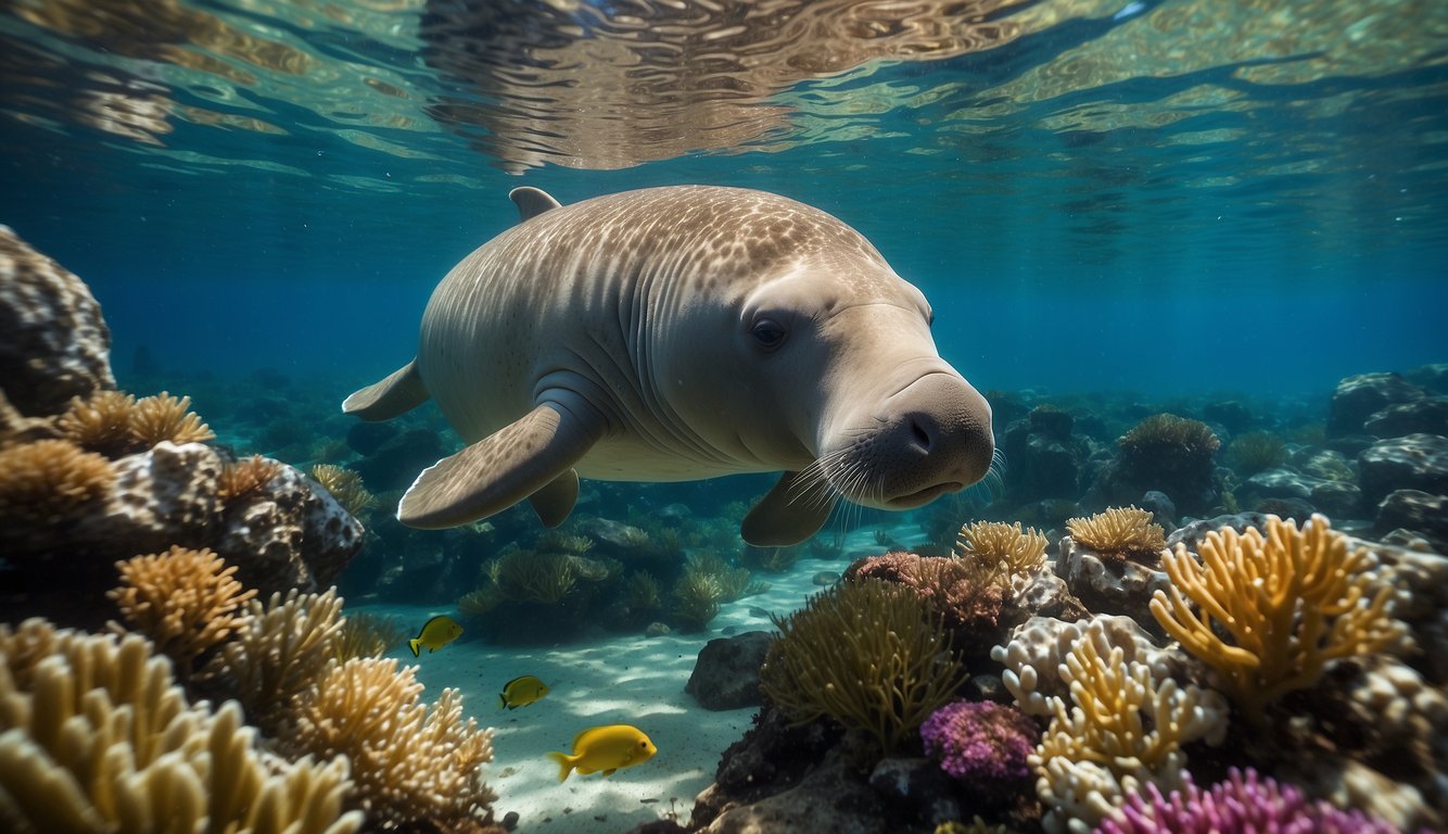 A dugong peacefully grazing on seagrass in the clear, turquoise waters of the ocean, surrounded by colorful coral and other marine life
