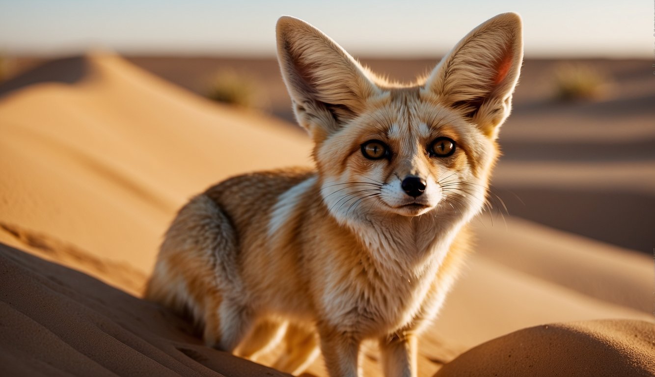 A fennec fox stands alert in the sandy desert, its large ears perked up, and its golden fur blending with the dunes