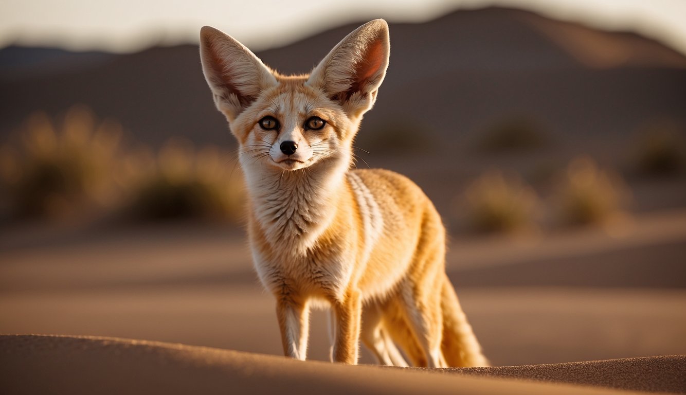 A fennec fox stands on the sandy dunes of the desert, its large ears perked up as it searches for prey.

The sun sets in the background, casting a warm glow over the arid landscape