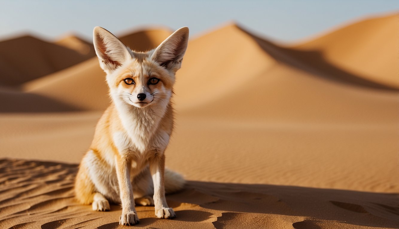 A fennec fox stands alert in a sandy desert landscape, with its large ears perked up and its fur blending in with the golden dunes.

The fox's curious and intelligent gaze captures the essence of its relationship with the harsh desert environment