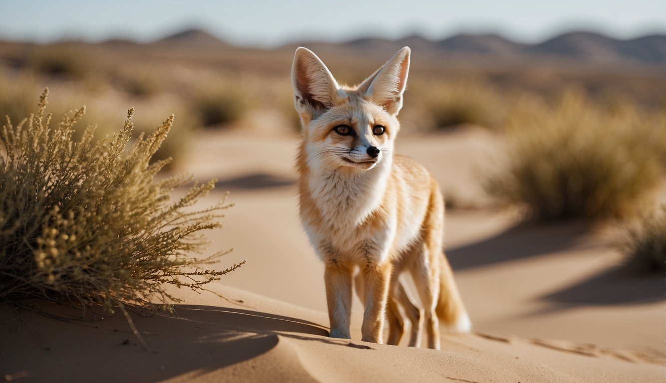 A fennec fox stands in the desert, ears perked up, surrounded by sand dunes and sparse vegetation under a clear blue sky