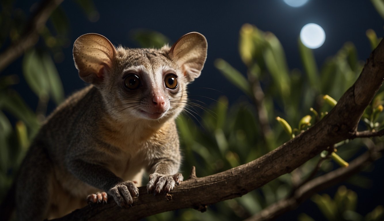 A bushbaby leaps through the moonlit African savanna, its large eyes glinting with mischief as it darts between the branches of acacia trees