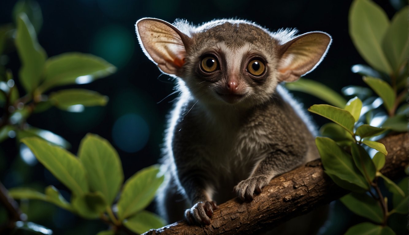 In the moonlit African jungle, a bushbaby perches on a branch, its large eyes glowing in the darkness, surrounded by lush vegetation and the sounds of nocturnal creatures