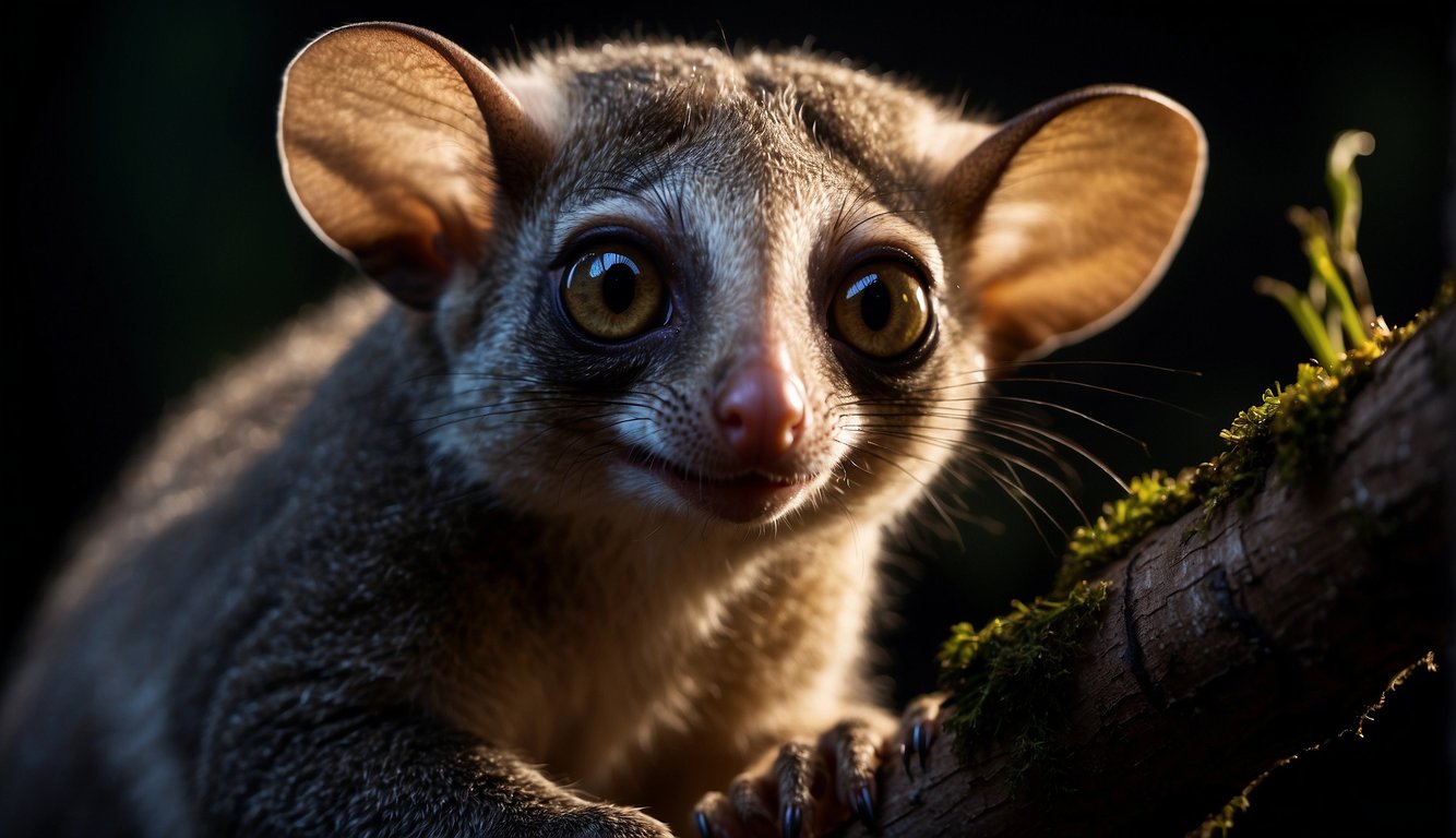 A bushbaby leaps through the African night, its large eyes gleaming in the darkness.

It clings to a tree branch, its fur blending with the shadows